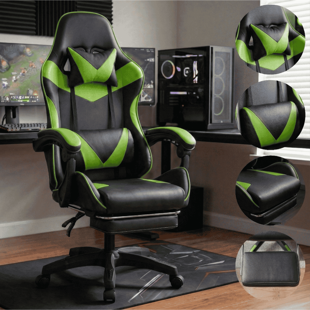 Cadeira De Escritório Gamer Cor Verde Couro Sintético Acolchoada Reclinável Para Jogos Apoio Dos Pés