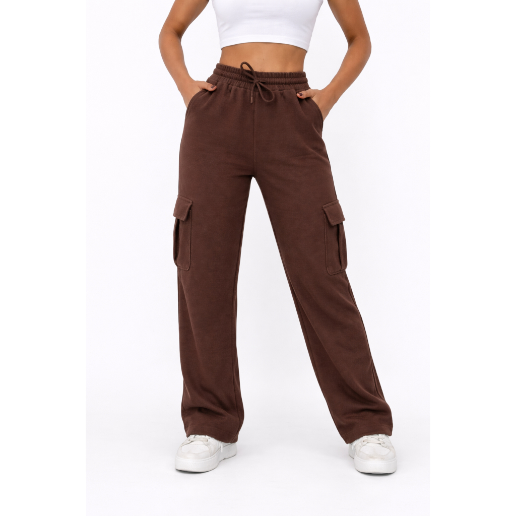 Calça Moletom Cargo Pantalona Cintura Alta Flanelada Feminina Tendência Inverno