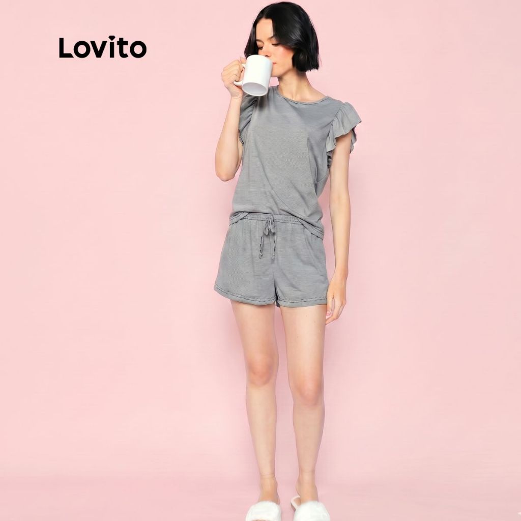 Imagem Lovito Pijama Curto Feminino Listrado com Babados na Manga KPB1418BRL1448