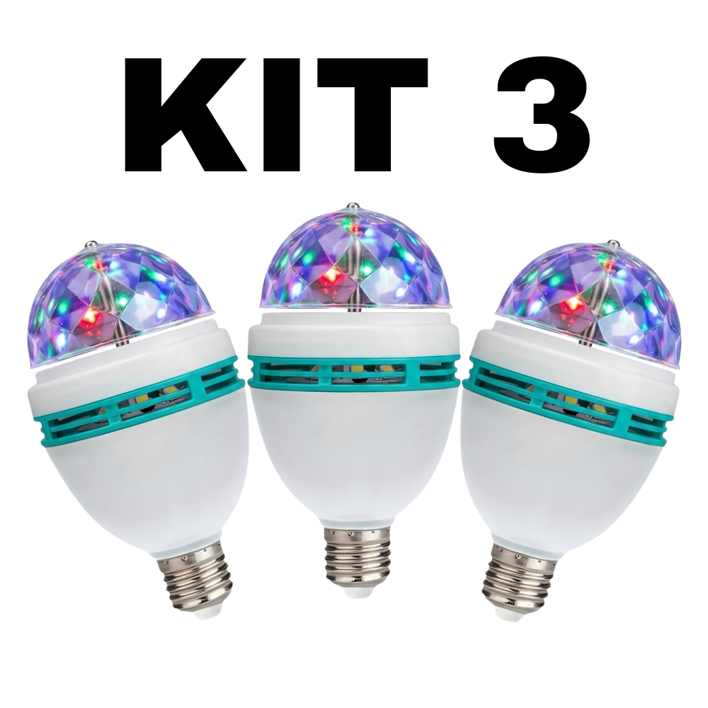 Kit 3 Lâmpada Giratória RGB Bola Maluca Led Colorida Tomada Festa Balada Discoteca