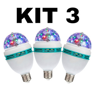 Kit 3 Lâmpada Giratória RGB Bola Maluca Led Colorida Tomada Festa Balada Discoteca