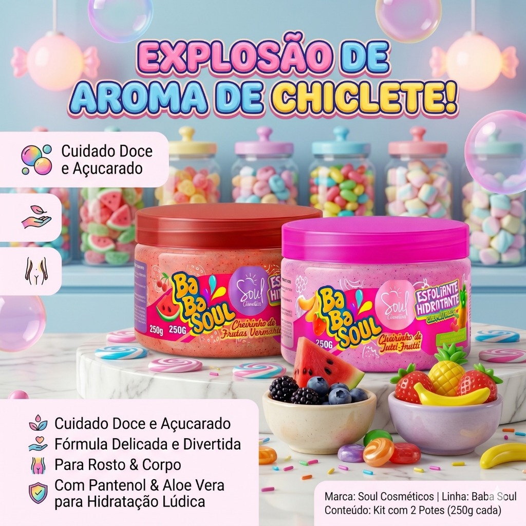 KIT  Esfoliante Hidratante  tutti-frutti e frutas vermelhas Babasoul chiclete bubbaloo