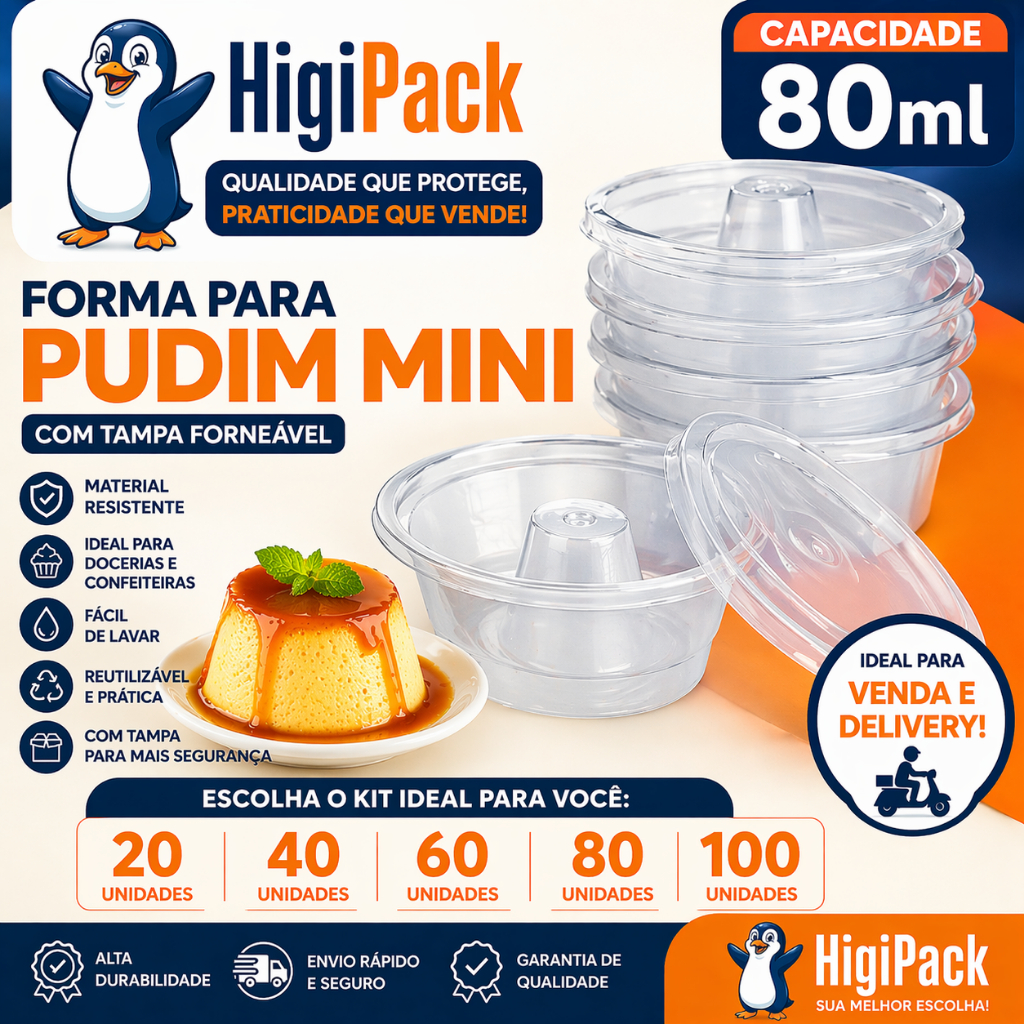 Kit Forma para Pudim Mini 80ml com Tampa | 20 40 60 80 100 Unidades | Forma Individual para Pudim e