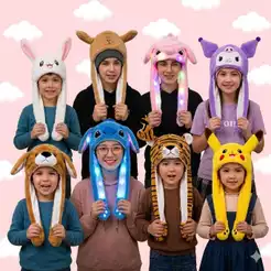 TOUCA GORRO DE PELÚCIA CAPIVARA e COELHO TIGRE URSO LED LEVANTA MEXE ORELHAS