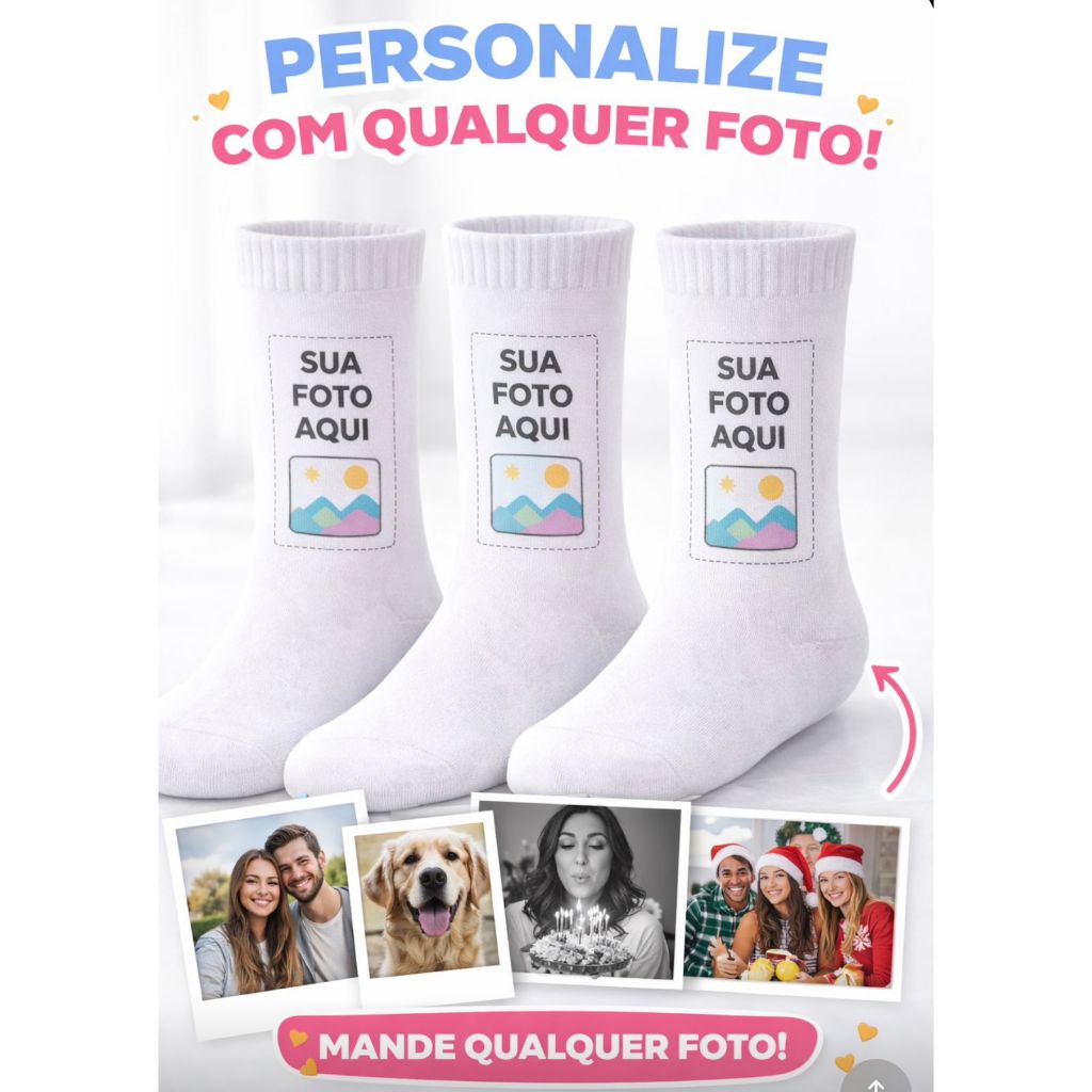 Kit Meia Personalizada 03 Pares Cano Alto Branca de Algodão | Mande Sua Arte ou Foto Envio Rápido