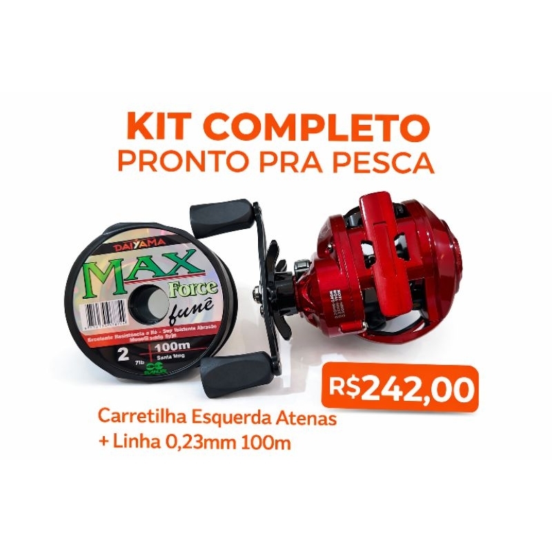 Kit Carretilha Sumax Atenas 7 Rolamentos + Linha 0.25mm 190m Esquerda Drag 7kg