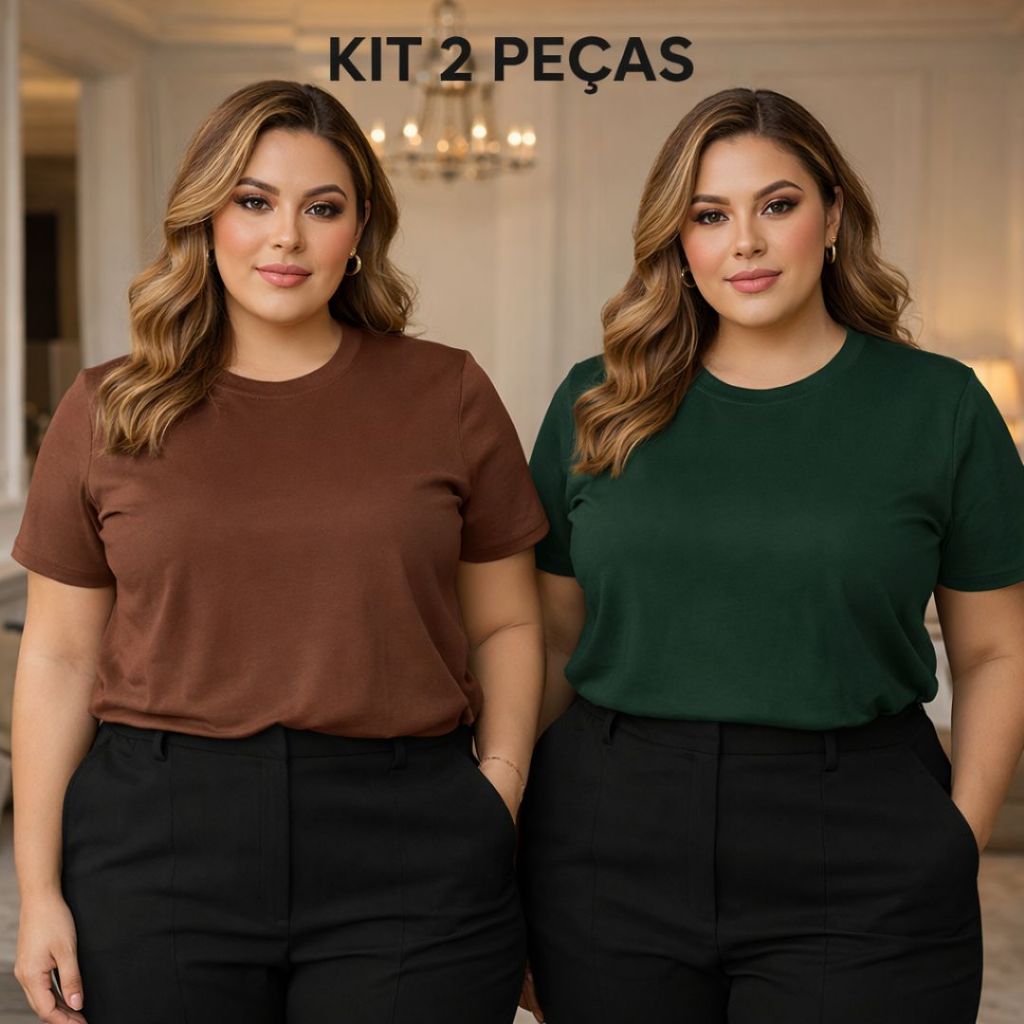 Kit 2 Camisetas T-shirt Feminina 100% Algodão Gola Redonda Plus Size GG ao G5 Moda Maior Lisa Básica