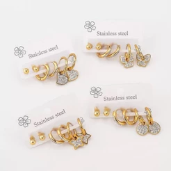 Kit Brincos em Aço Inoxidável 316L Dourado - Modelos Coração, Borboleta e Argola