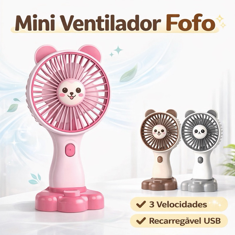 Mini Ventilador Portátil Fofo Recarregável USB 3 Velocidades Silencioso