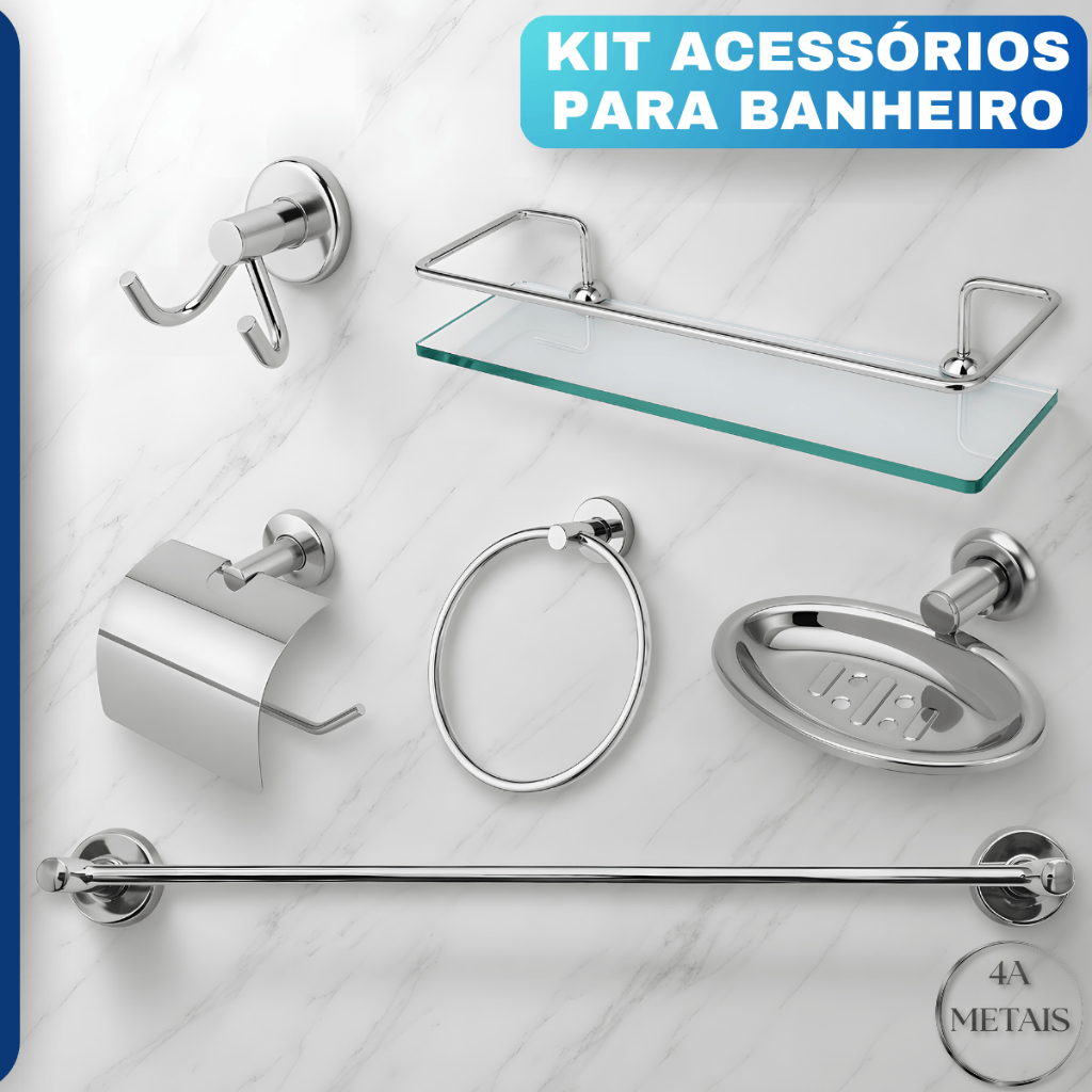 kit Acessórios Para Banheiro 05 Peças + Porta Shampoo Prateleira De Vidro Reto Incolor