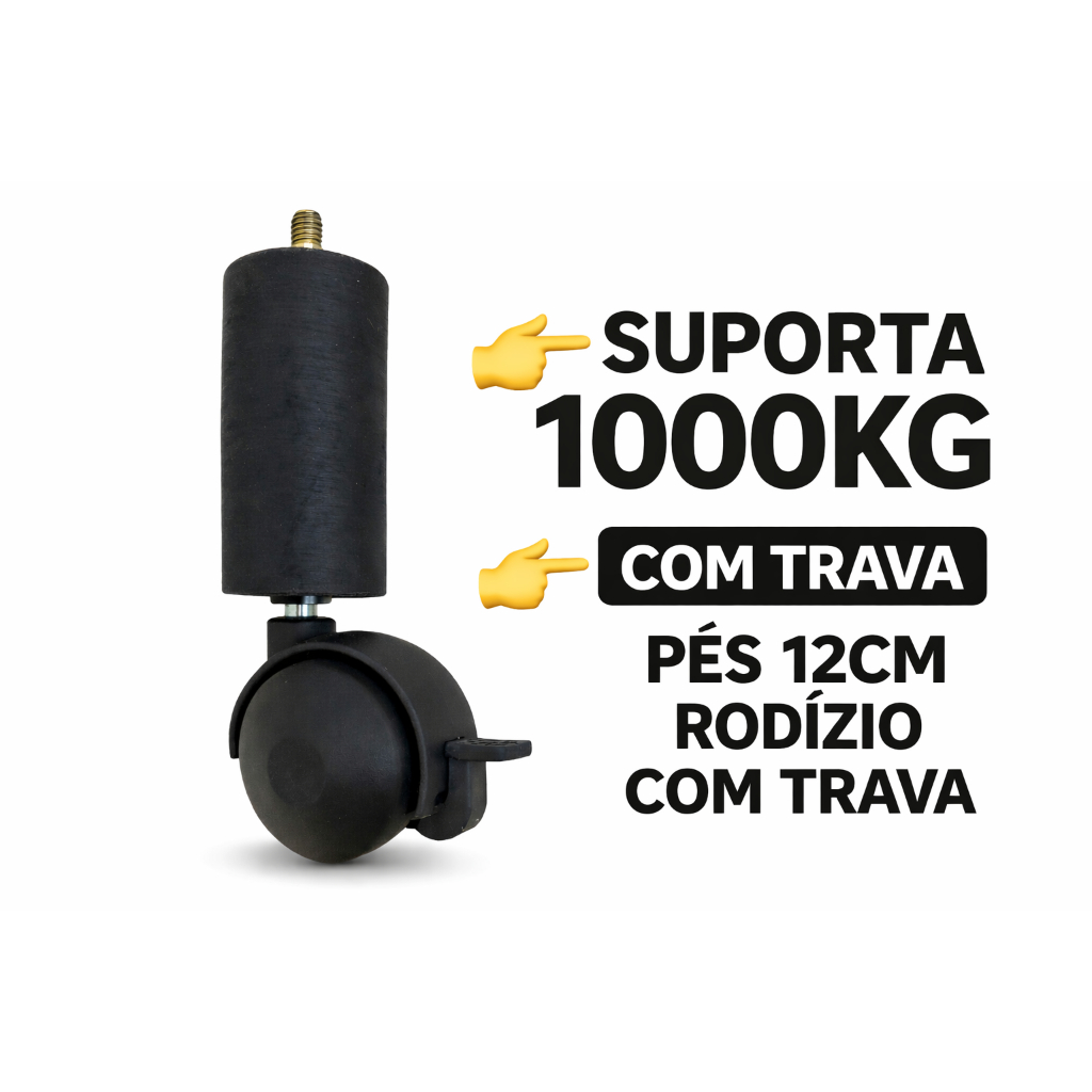 Pé Cama Box com Rodízio e Trava 12cm Reforçado Madeira 1000kg Universal Kit 4 6 8 12 NÃO RISCA  PISO