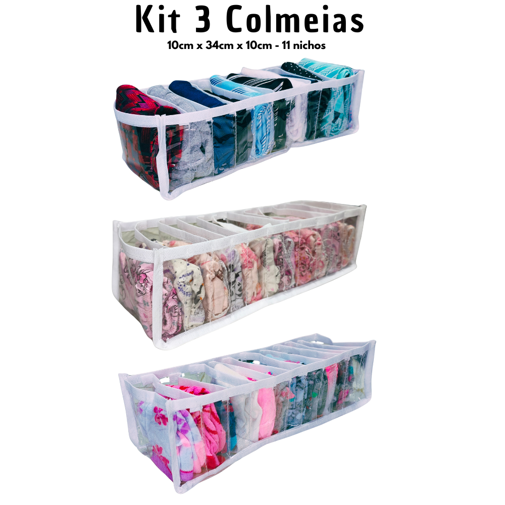 Kit 3 Organizador de Gaveta Colmeia 11 Divisórias Organizador de Roupas Guarda Roupa