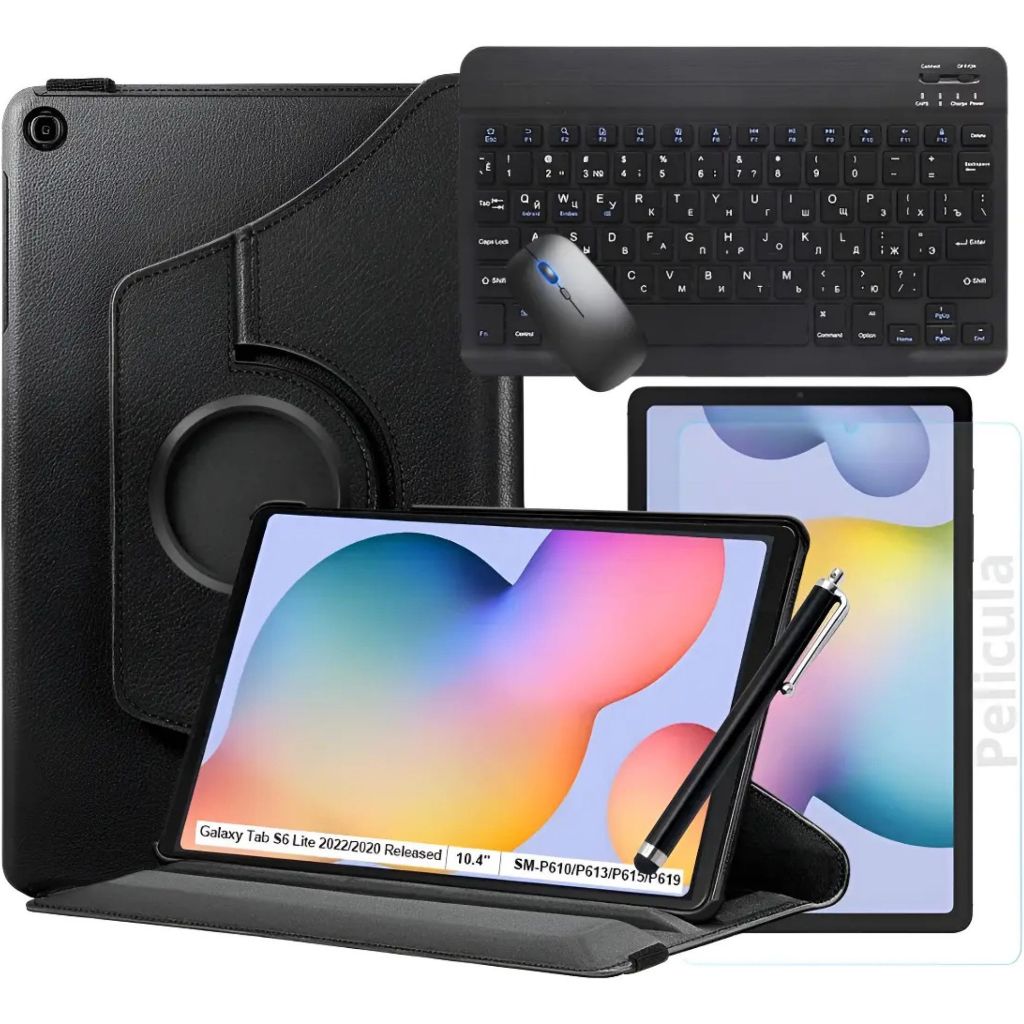 Kit Capa Case Giratoria P/ Tab S6 lite 10,4 Pol + Película de Vidro + Caneta Touch c/ mouse teclado
