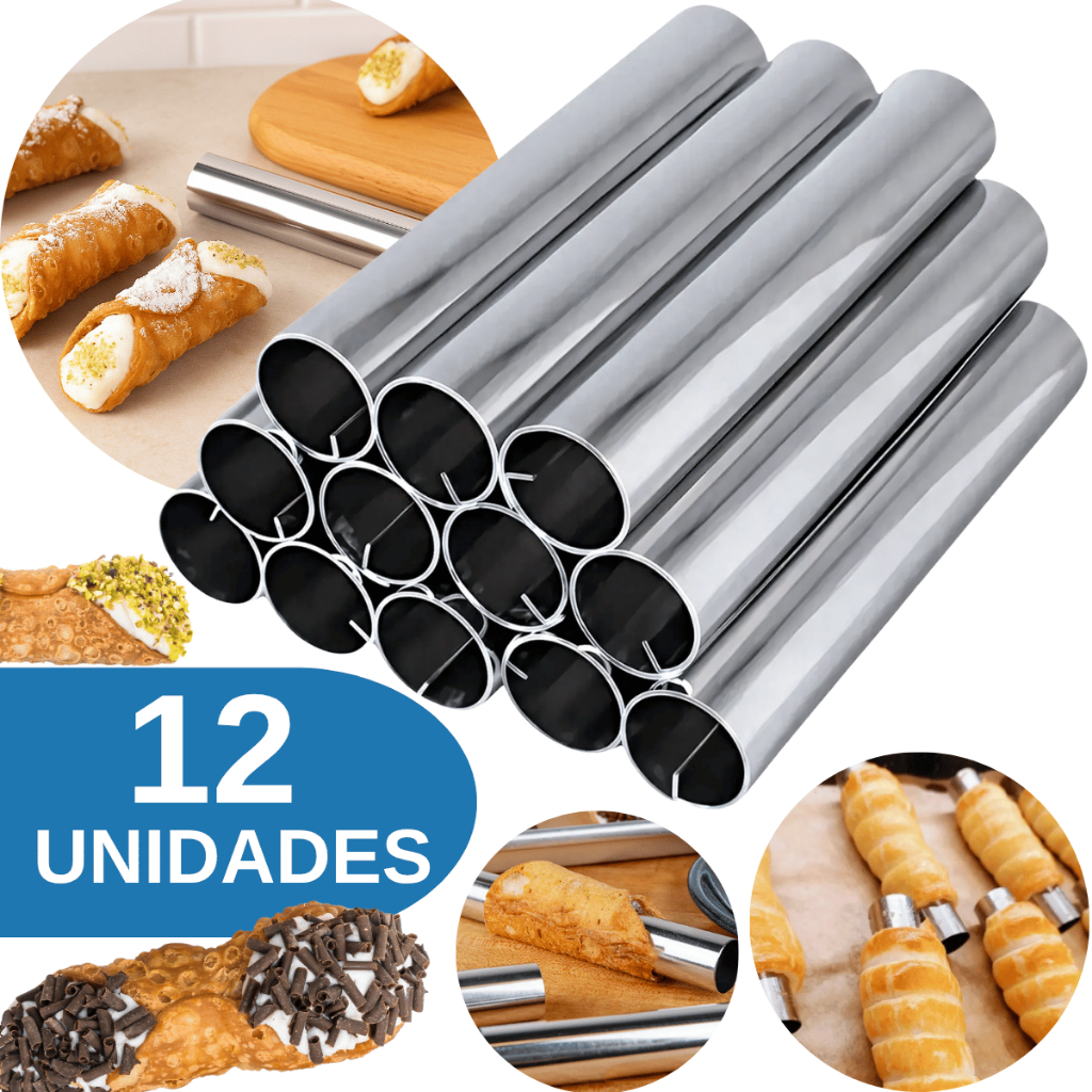 Forma Canola Canudo Tubo Cilindro Fina 12 Unidades Alumínio 11x2cm Canoli Sobremesa Crocante Assado