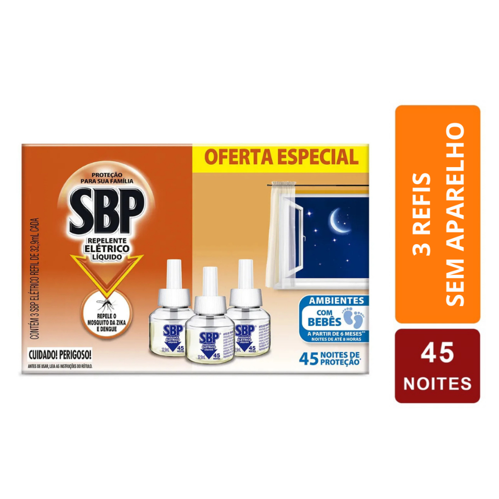 Repelente Elétrico Líquido SBP 45 Noites c/ 3 Refis 32,9ml Cada Inseticida Contra Insetos S/APARELHO