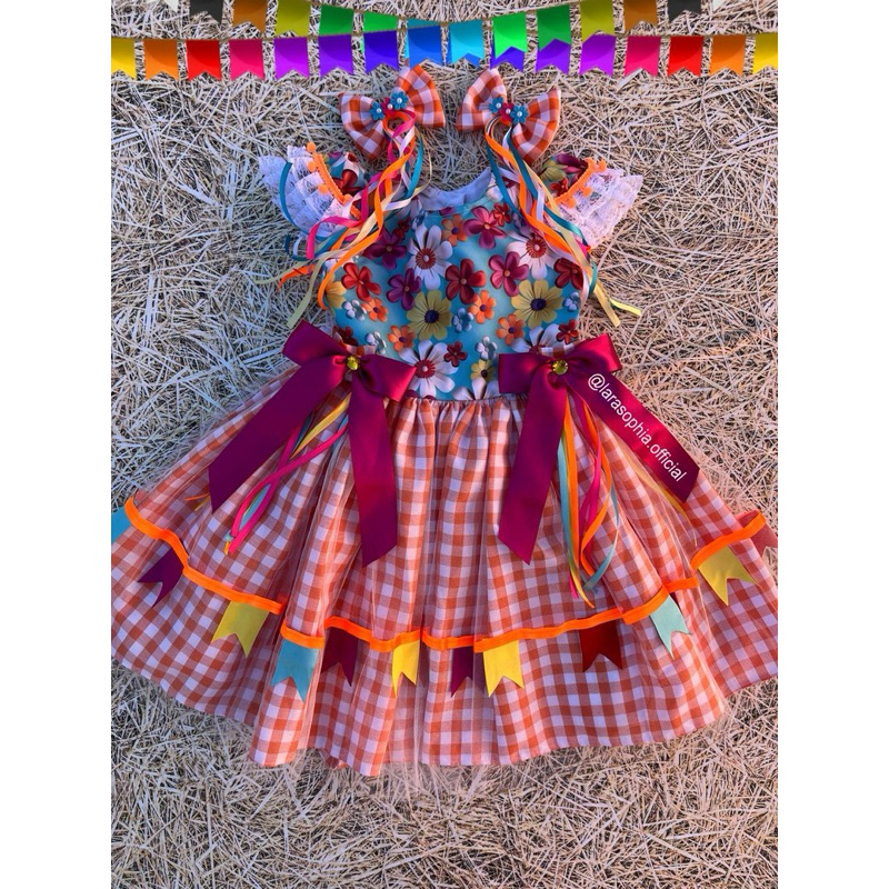 Vestido Junino Xadrezinho Laranja