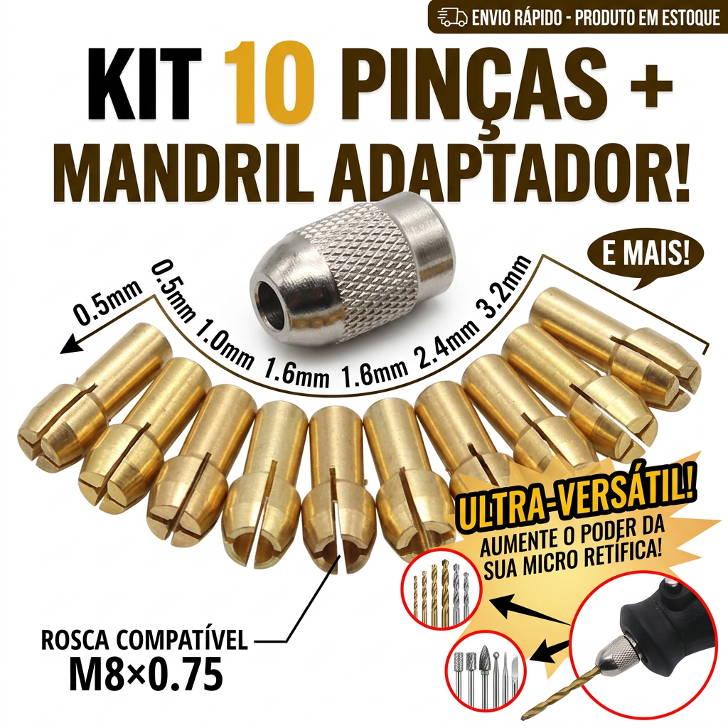 Kit 10 Un. Ponteira + Mandril Adaptador Mini Micro Retifica