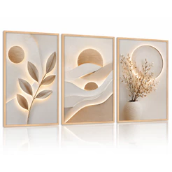 Trio de Quadros Decorativos 3D Luxo Bege e Dourado com Ilusão de Luz | Estilo Moderno Minimalista