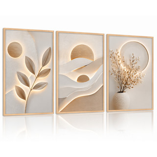 Trio de Quadros Decorativos 3D Luxo  Bege e Dourado com Ilusão de Luz | Estilo Moderno Mi…
