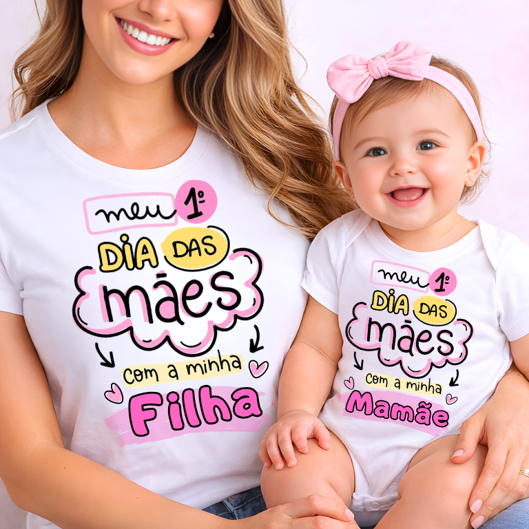 Kit Camiseta e Body bebê Personalizado Meu Primeiro Dia das Mães e Filha Presente Exclusivo