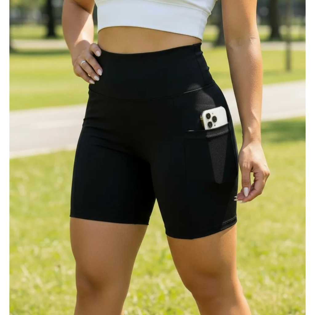 Short c/ Bolso Feminino Fitness Corrida Cintura Alta Poliamida Zero Transparência Academia