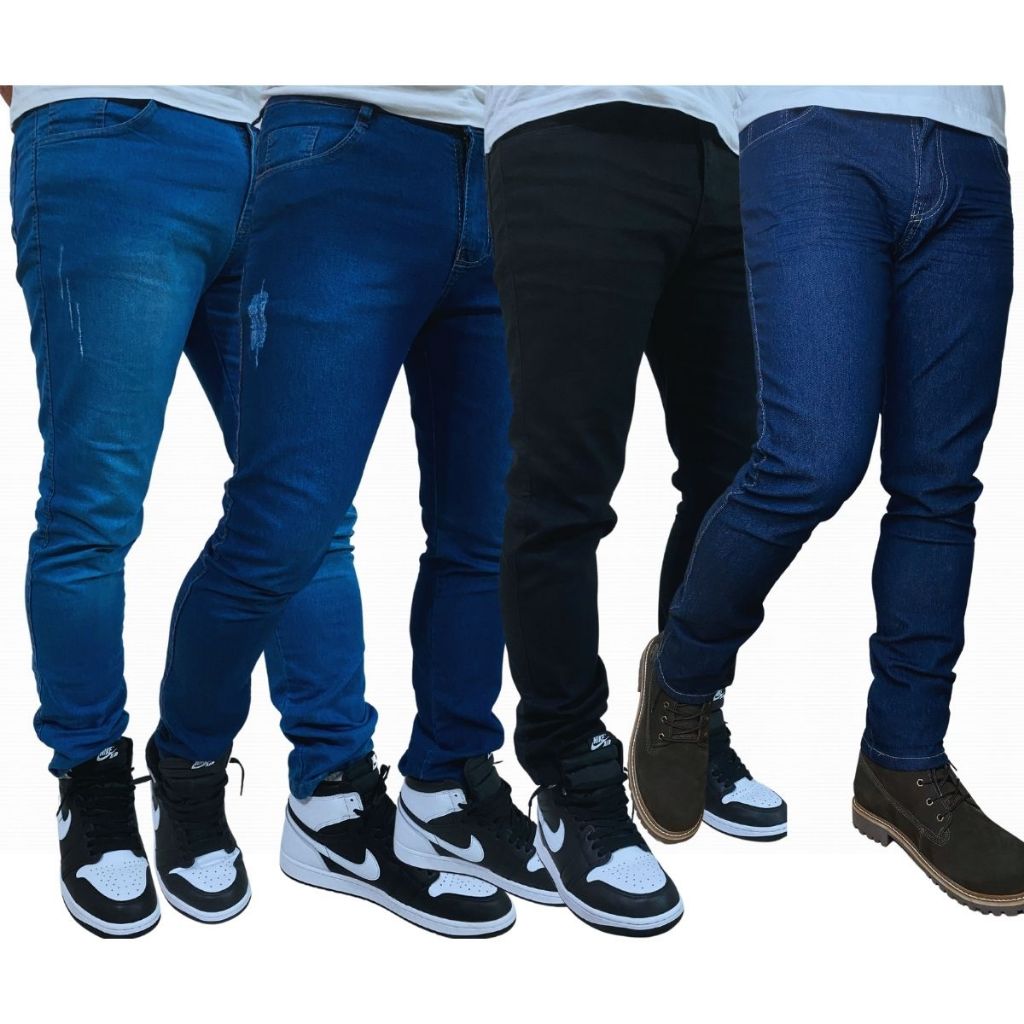 Kit com 4 Calças Jeans Masculina Premium Skinny Corte tradicional Basico com Lycra Lavagem Clara Escura ou Preta
