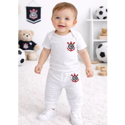 Conjunto Body + Mijão Calça Corinthians Branco Tradicional Uniforme Frio Menino Futebol Bebê
