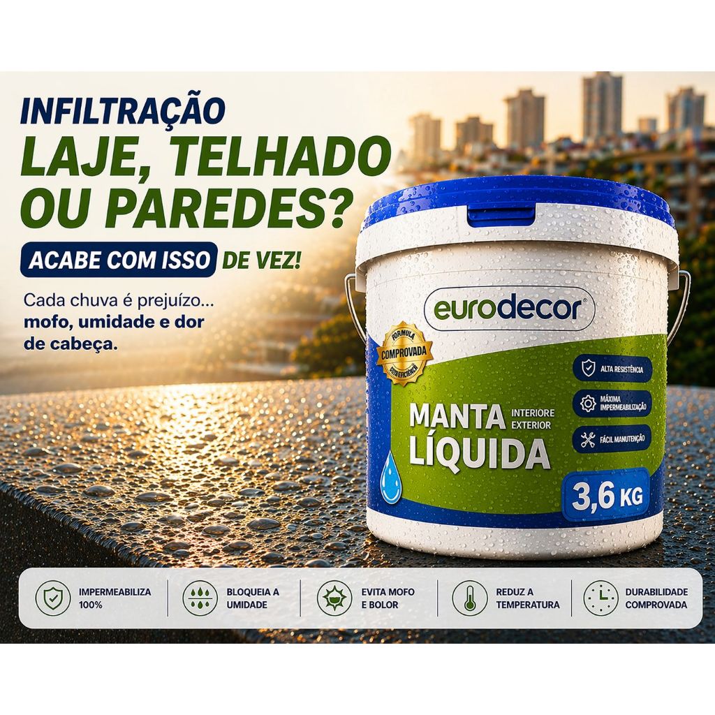 Manta Líquida 1Kg e 3,6kg Emborrachada Impermeabilizante Eurodecor Várias Cores