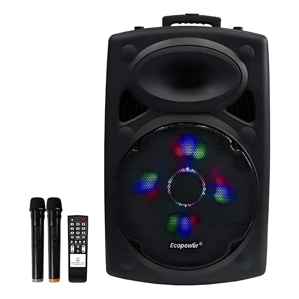 Caixa De Som Ecopower Portátil Led RG Bluetooth Usb Auxiliar 2 Microfones Alça 400 Watts RMS