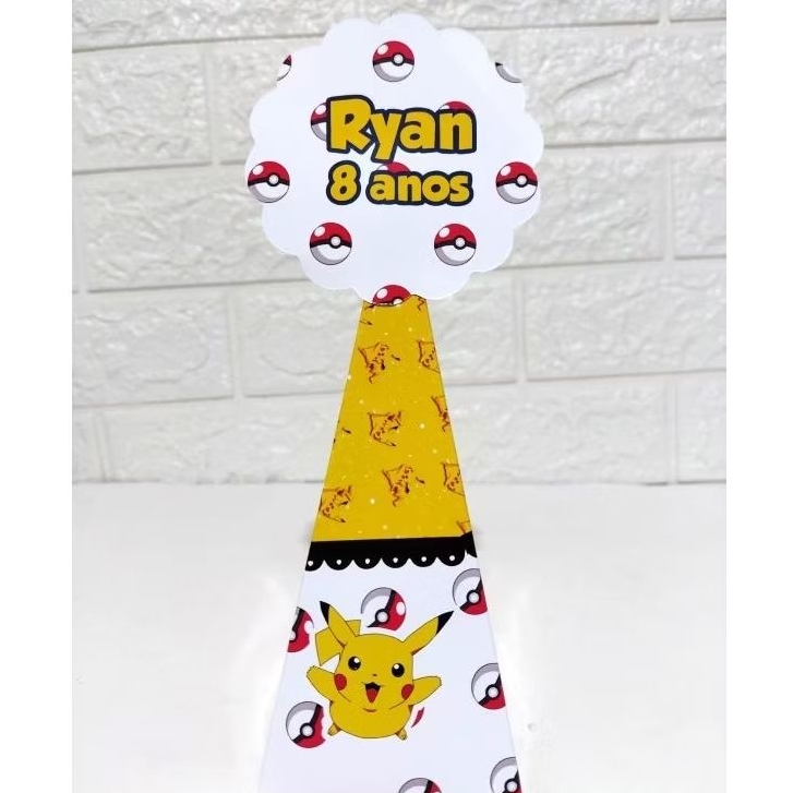 Caixa Pirâmide Cone Personalizada Pokémon Pikachu Com Nome e Idade Lembrancinha Festa Infantil