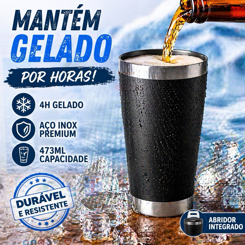 Copo Térmico 473ML Inox para Cerveja com Tampa e Abridor Garrafa Parede Dupla Quente e Gelado
