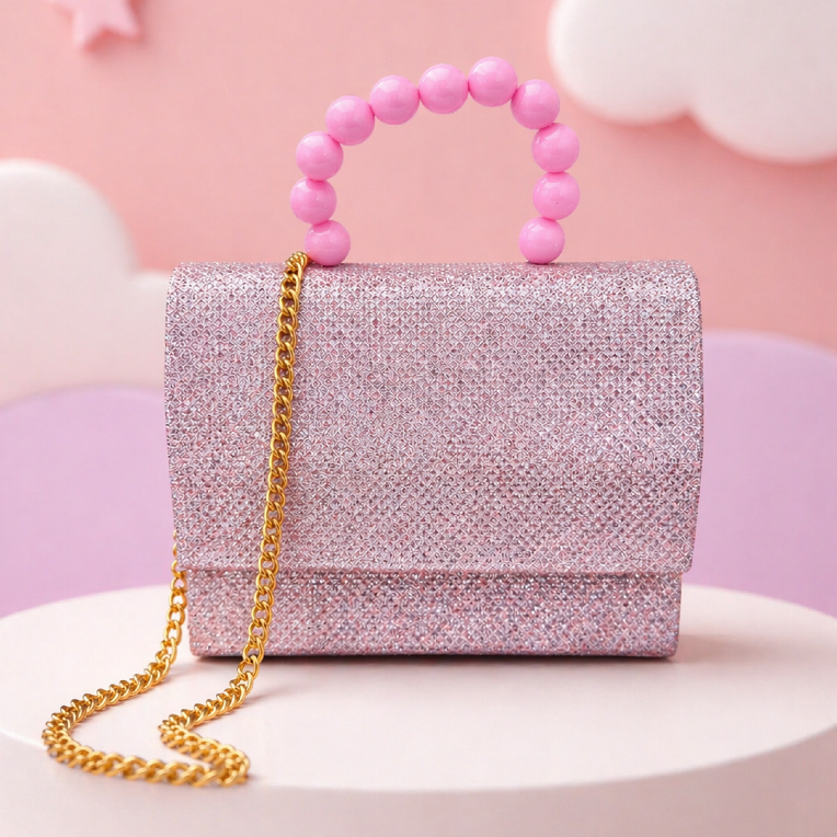 Bolsa Infantil Feminina Glitter com Alça de Pérolas Coloridas e Corrente Mini Bolsa Blogueirinha