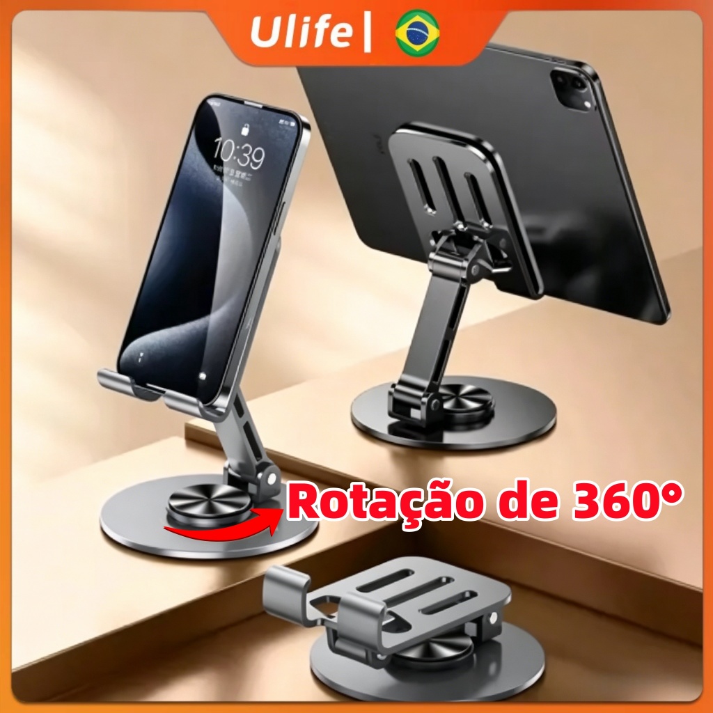 Suporte Espaço Alumínio de Mesa Base Rotatória Ajustável 360º Para Smartphones e celular