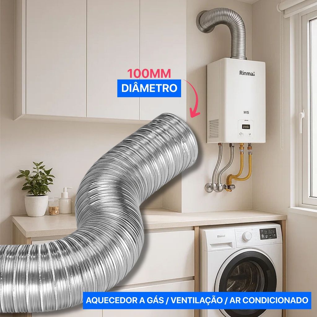 Tubo Extensivo 100mm 3 Metros Duto Semiflexível Alumínio Corrugado Exaustor Coifa Aquecedor A Gás