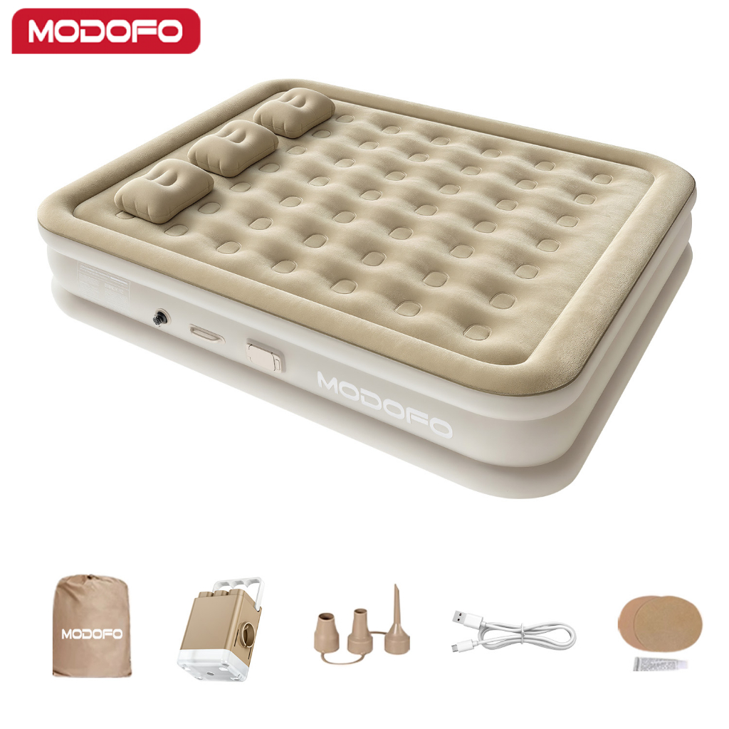 MODOFO Colchão Inflável 3 Pessoas King Extra Grande Com Bomba Elétrica Recarregável Sem Fio Cama Inflável Premium