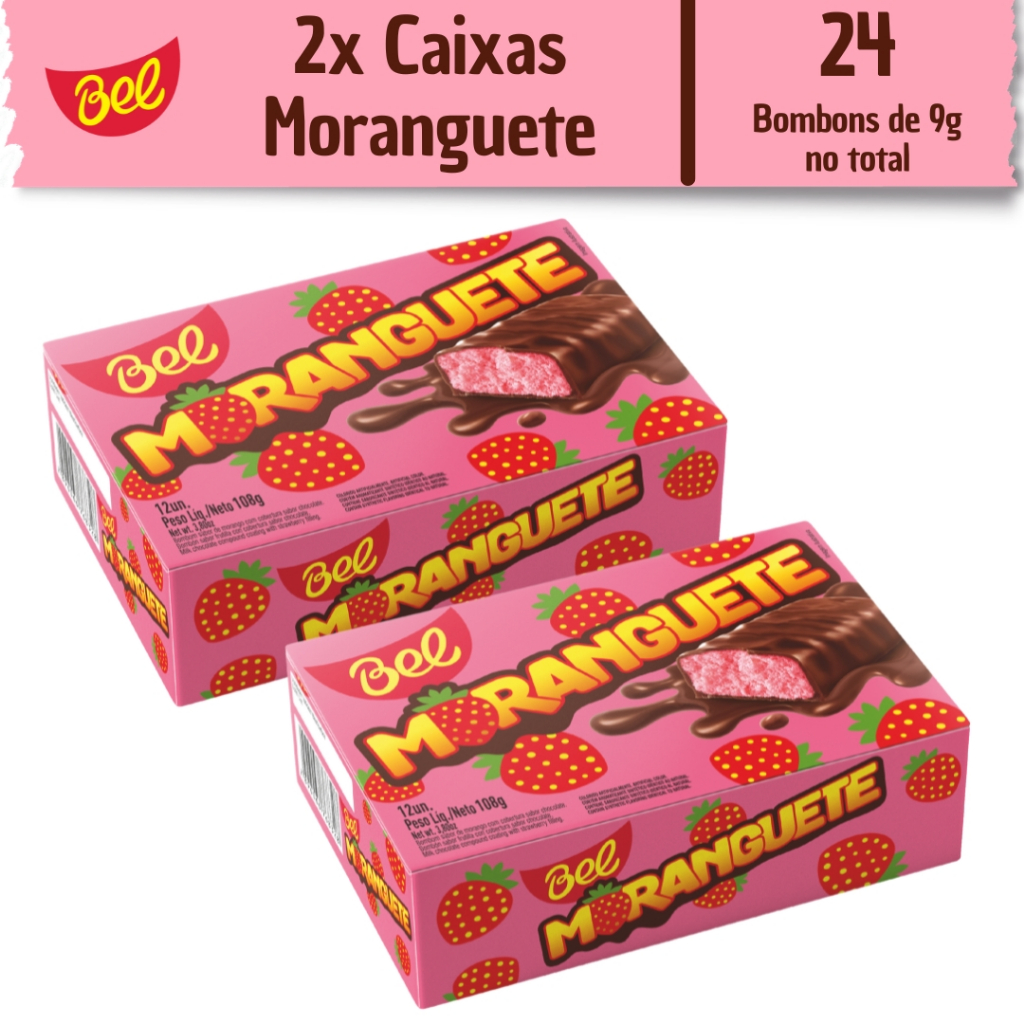 Kit 2x Caixas Bombom Moranguete 12un de 9g Bel Sabor Morango com Cobertura Sabor Chocolate