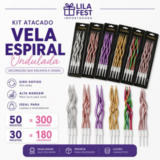 Vela Espiral Aniversário Bolo Velinha Ondulada Kit Atacado Revenda Dourada Colorida Festa