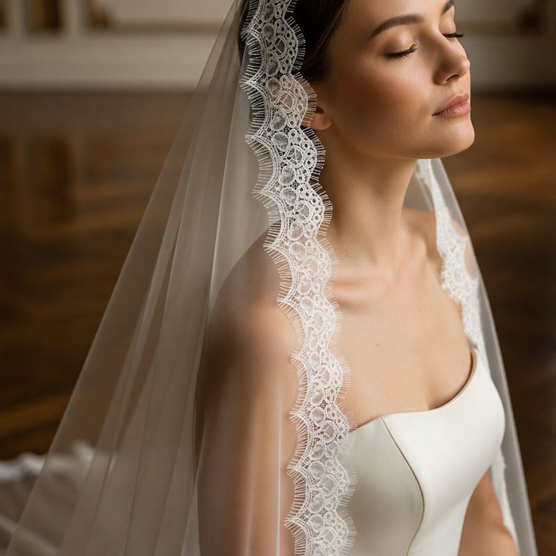 Véu Mantilha Noiva Branco Off White 3 Metros com Renda na Borda Tule Frances Casamento Catedral