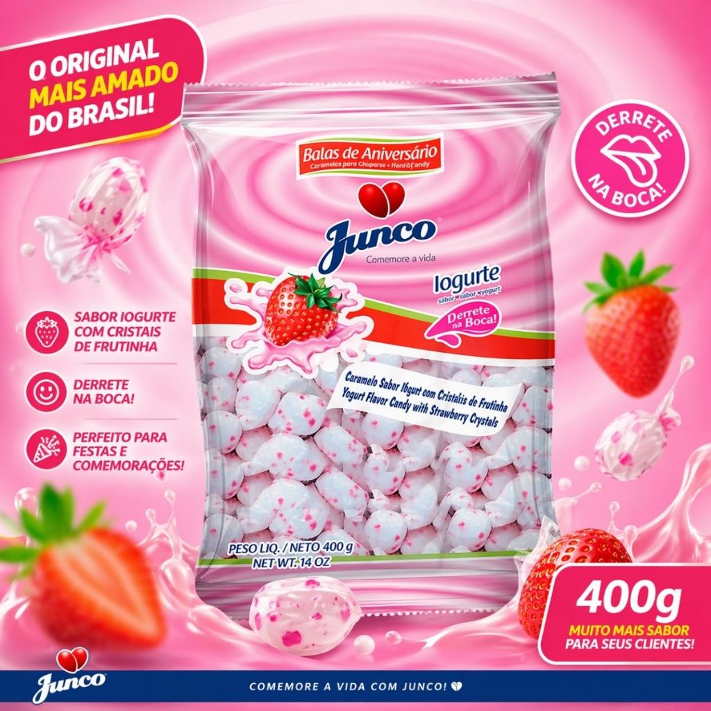 Bala de Coco Iogurte Junco 700g Com Cristal De Morango Tipo Caseira Sabor Suave Ideal para Festas