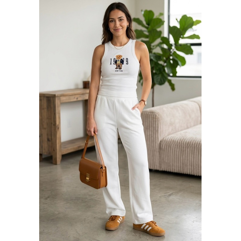 Conjunto Feminino de Calça Moleton e Regata em Ribana Urso Ursa Teddy Tendência Moda Outono Gringa Estampa América