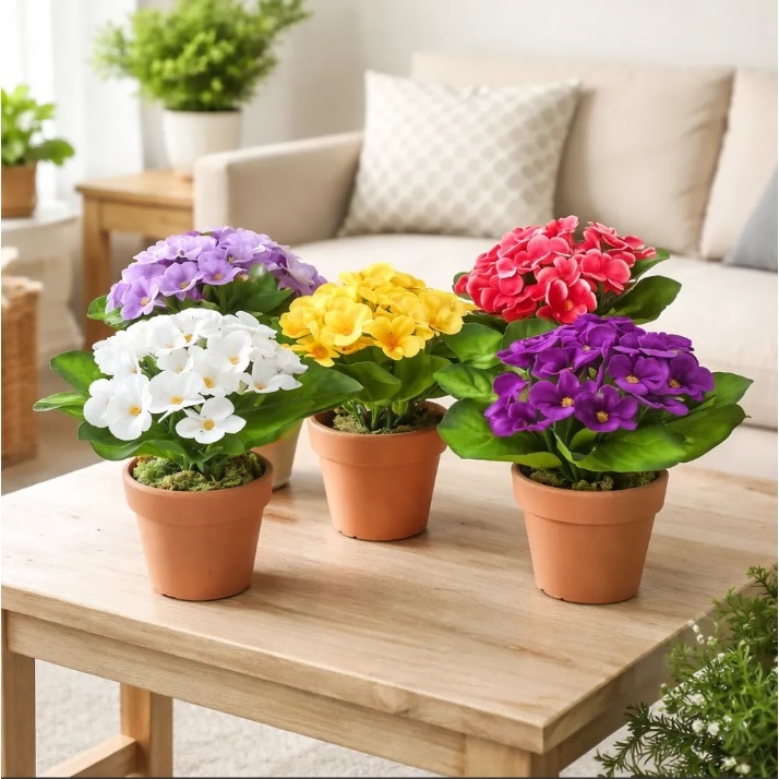 Kit 5 Arranjos Flor Violeta Artificial em Vaso Barro Decoração Mesa Presente Lembrancinha