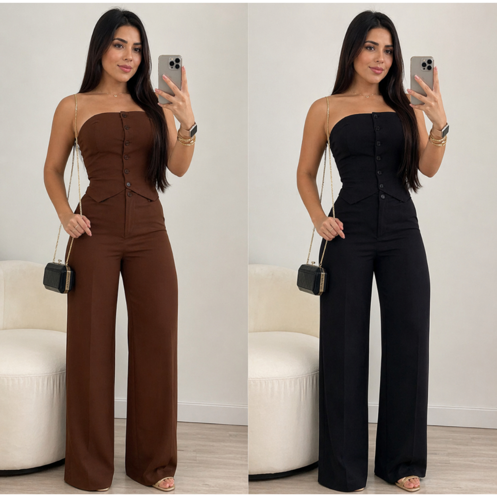 Conjunto Alfaiataria Cropped Tomara que Caia Social Elegante Calça Pantalona Blusa Elástico Lastex Botão Verão Feminino