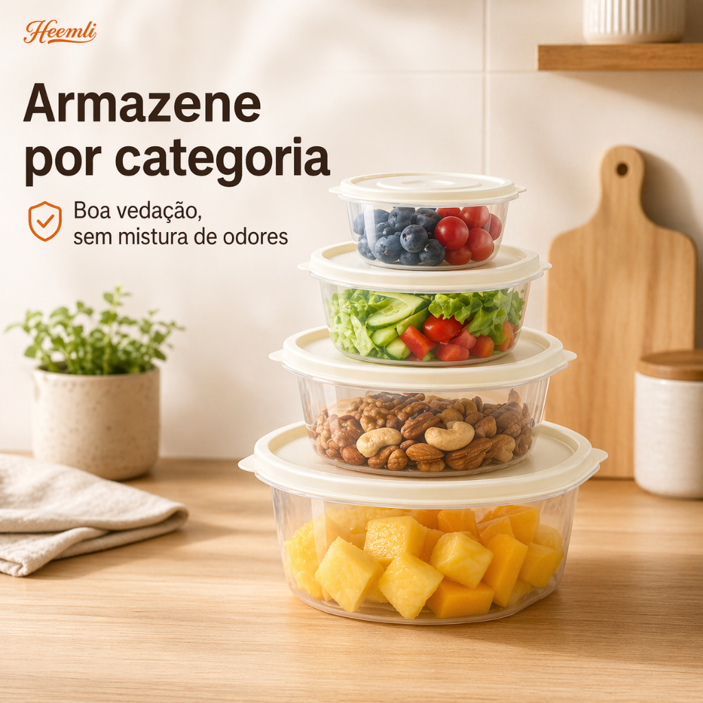 Pote Hermético para Alimentos Organizador de Geladeira Marmita Pote com Tampa Retangular Redondo Heemli