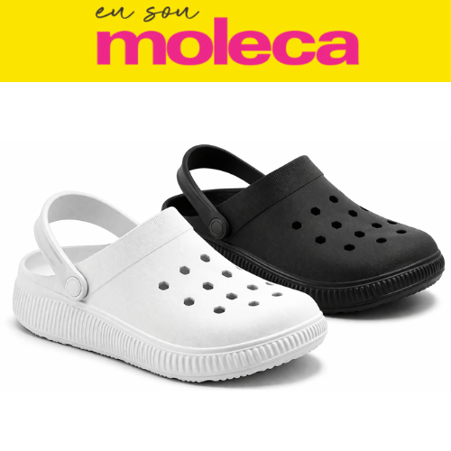 Babuche Feminino Moleca EVA Super Leve Confortável Antiderrapante Dia a Dia Casual Branco Preto c/ Bottons Pin