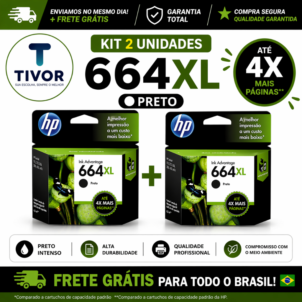 Kit 02 Cartucho 664XL Preto Original  Para Impressoras Compativél Hp Deskjet LaserJet  Tinta Preta(F6V31AB) - 2136