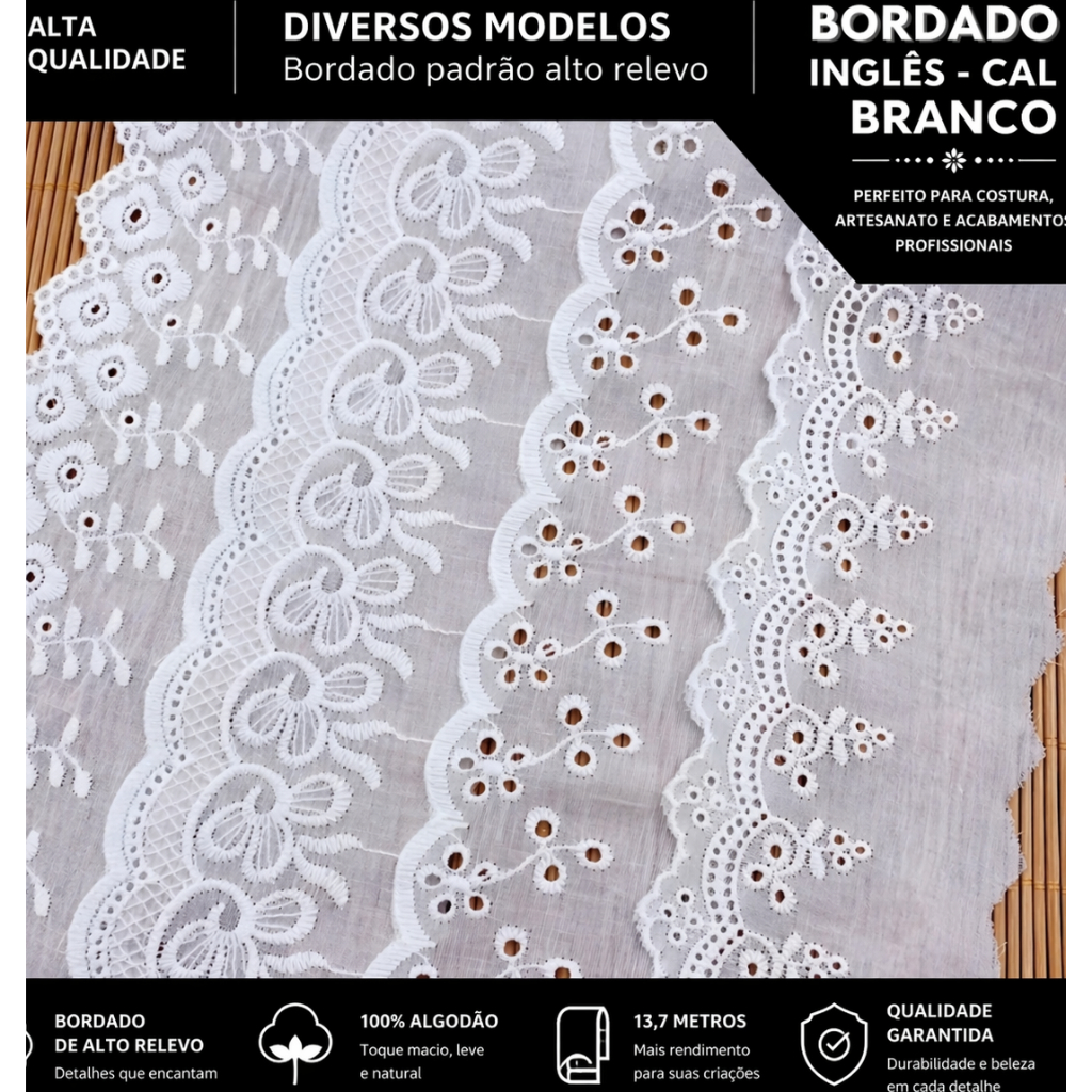 Bordado Inglês 13,7 Metros Renda Branca Lese Para Costura 90% Poliéster 10% Algodão Tira Bordada -AE