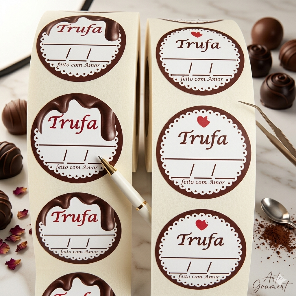 Etiquetas Para Trufas e Bombons 3x3cm Couchê auto-Brilho - cola de alta adesão - rolo com 500 UNcada