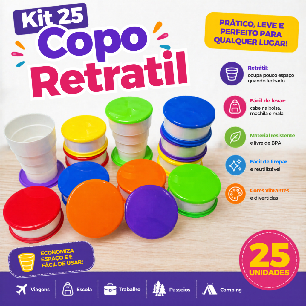 25 Copo Retrátil Sanfonado Dobrável Infantil Lembrancinha Prenda Escolar