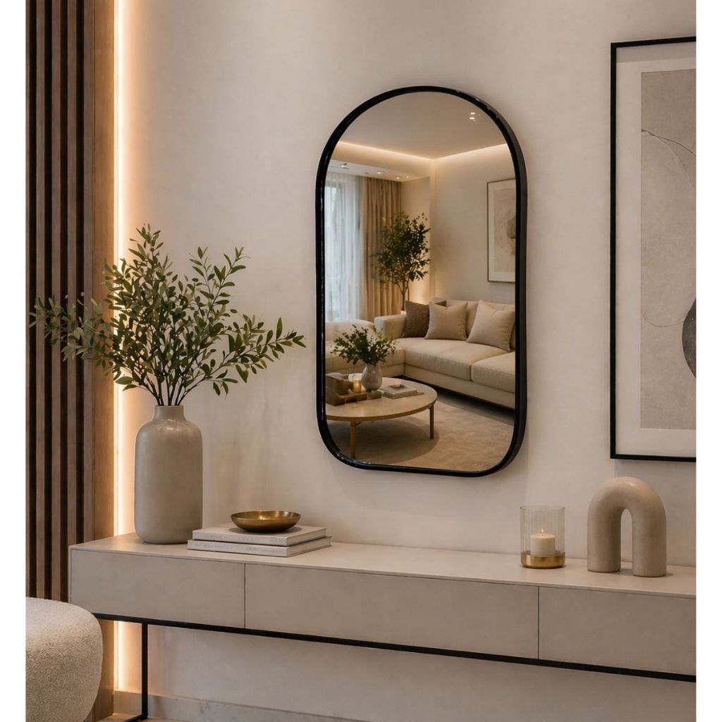 Espelho Pinterest Retrô Grande Orgânico Borda Couro 3cm Decorativo Sala Quarto 60x40cm Mod. Capela