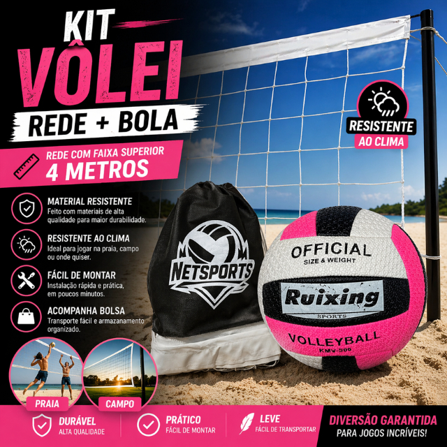 kit Rede de volei + Bola semi PRO 4 metros (praia, piscina, parque) 2 - 8 Jogadores